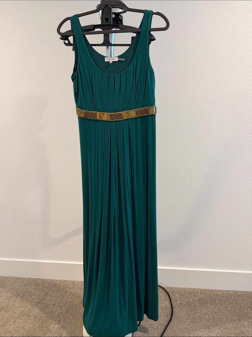 Calvin Klein Teal Sleeveless Maxi Dress with Gold Accent Waist